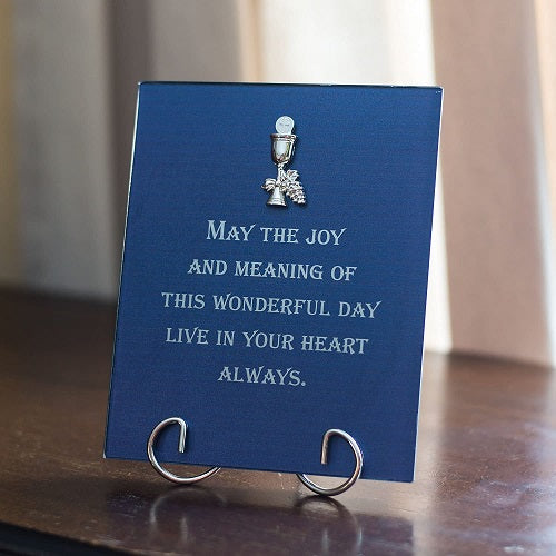 First Communion Blue Glass Table Plaque