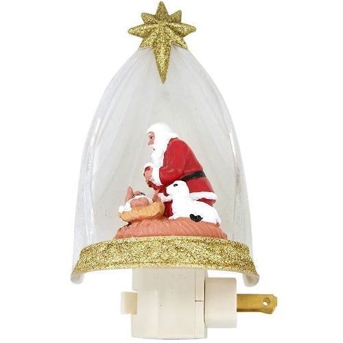 Santa Claus Kneeling Before Baby Jesus in Manger Night Light