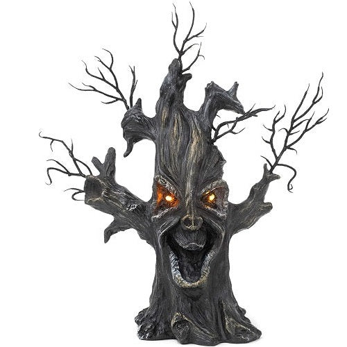 Figurine de table décorative à 13 LED avec tête d'arbre d'Halloween marron rustique 