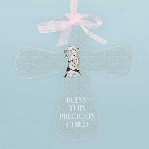 Glass Girl Baby Cross "Bless This Precious Child"