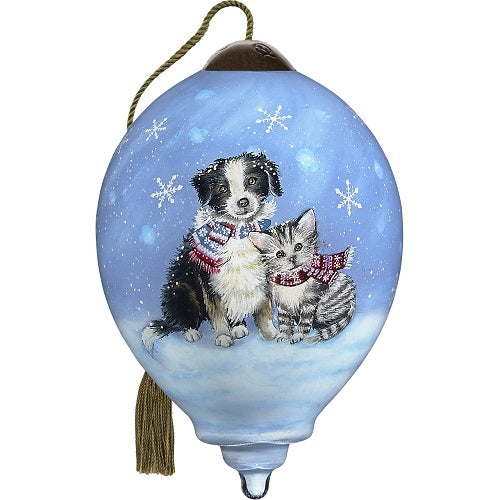 Dog and Cat With Scarves In Snow Ornament